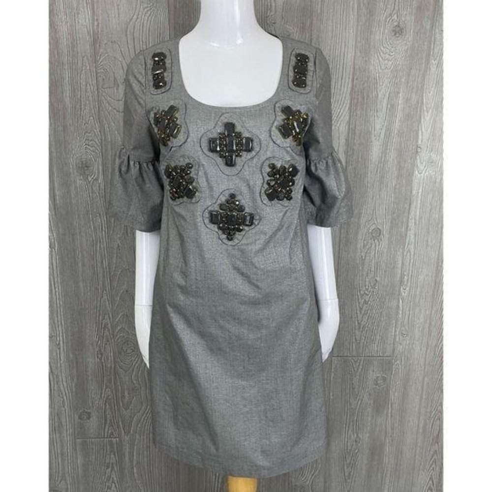 Karta iridescent glitter beaded detail cropped bell sleeve dress formal med